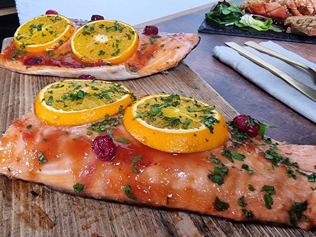 Seafood Alternatives like salmon dressed in cranberry sauce and orange