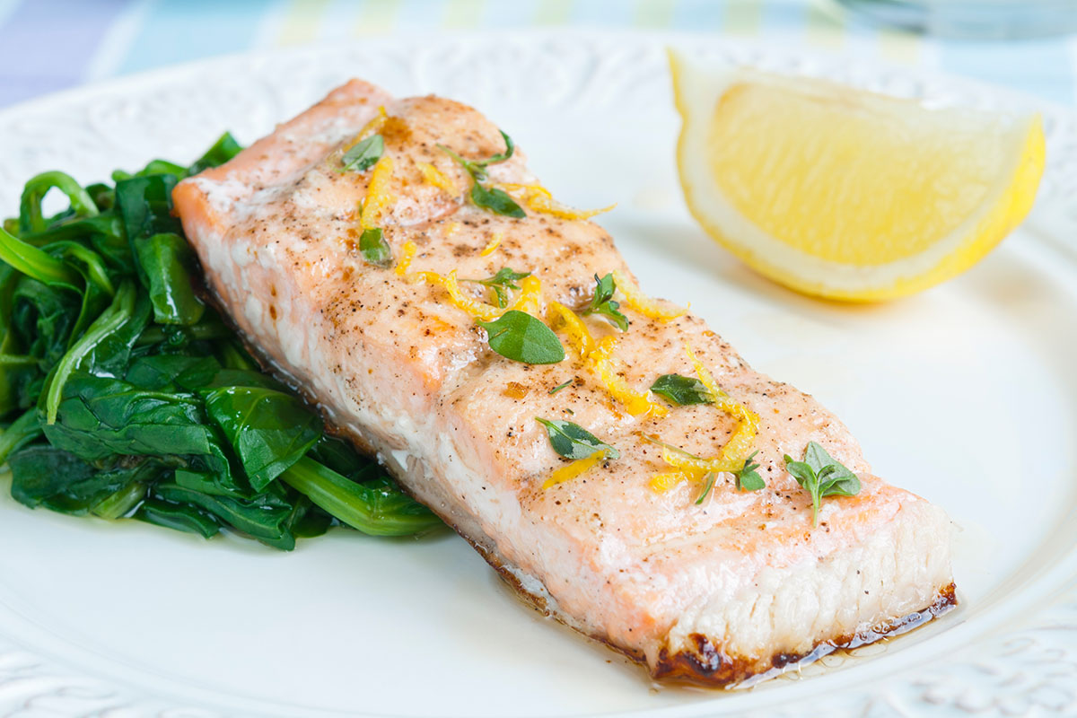 Baked Salmon with Lemon, Thyme and Wilted Spinach | Seafood By Sykes