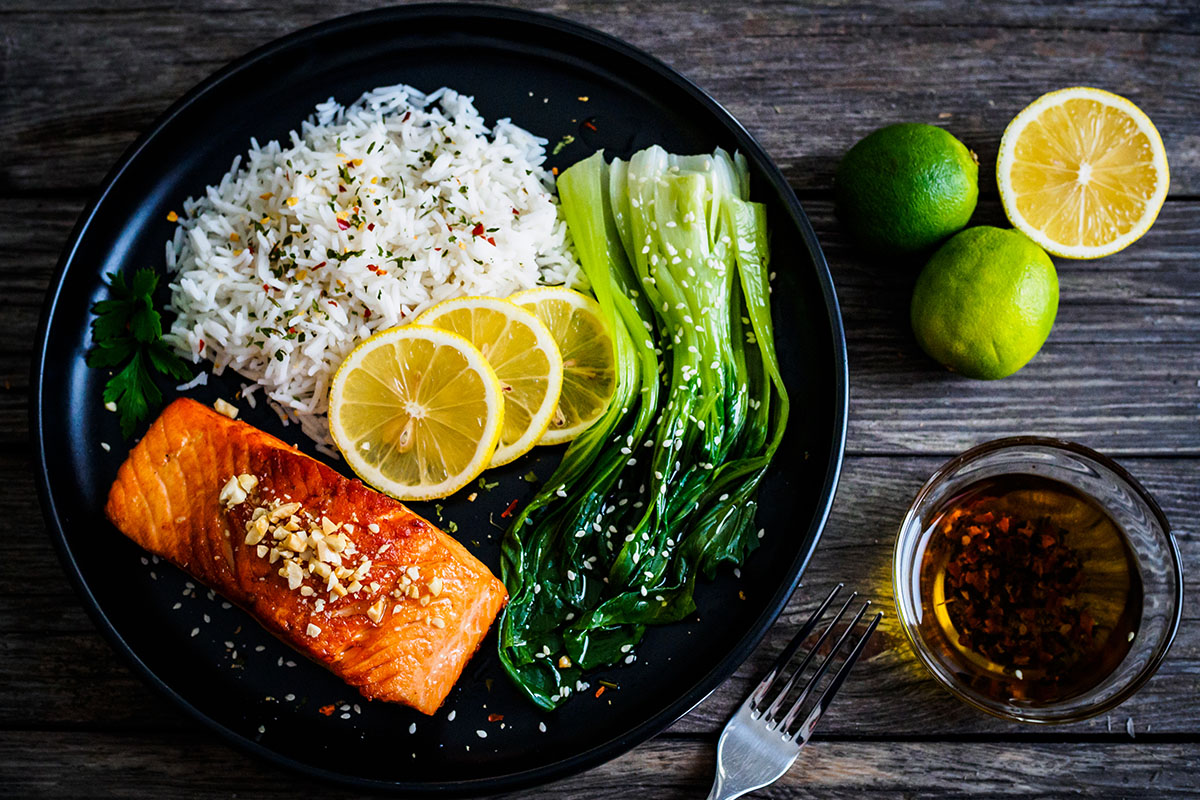 Soy Baked Salmon with Lemon, Basmati Rice and Pak Choi Seafood By Sykes
