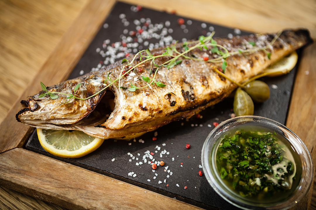 Whole Barbecued Seabass with Lemon, Parsley and Caper dressing