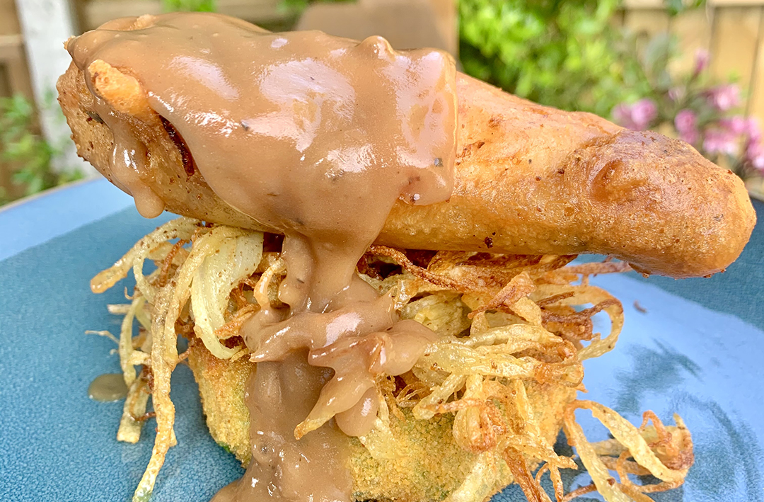 Beer battered hake fillets, Shoestring Fries, Mushy pea fritters and thick, thick gravy