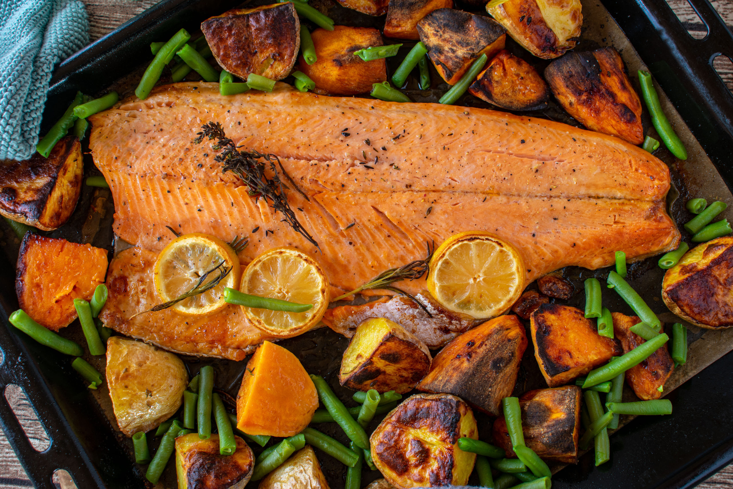 Roasted Side of Salmon with Green Beans and Roast Potatoes Seafood By